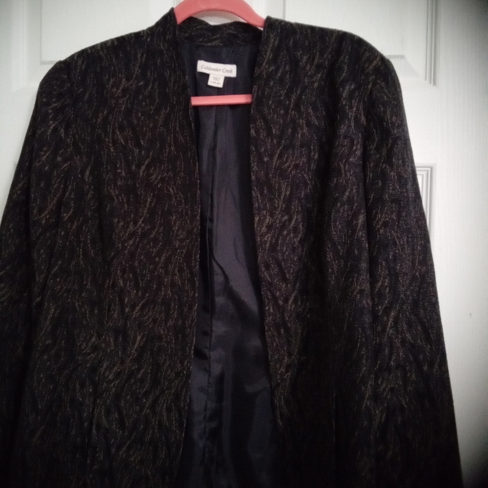 2-$10... Coldwater Creek Jacket Blazer Size L Navy Blues And Tan Tapestry Look